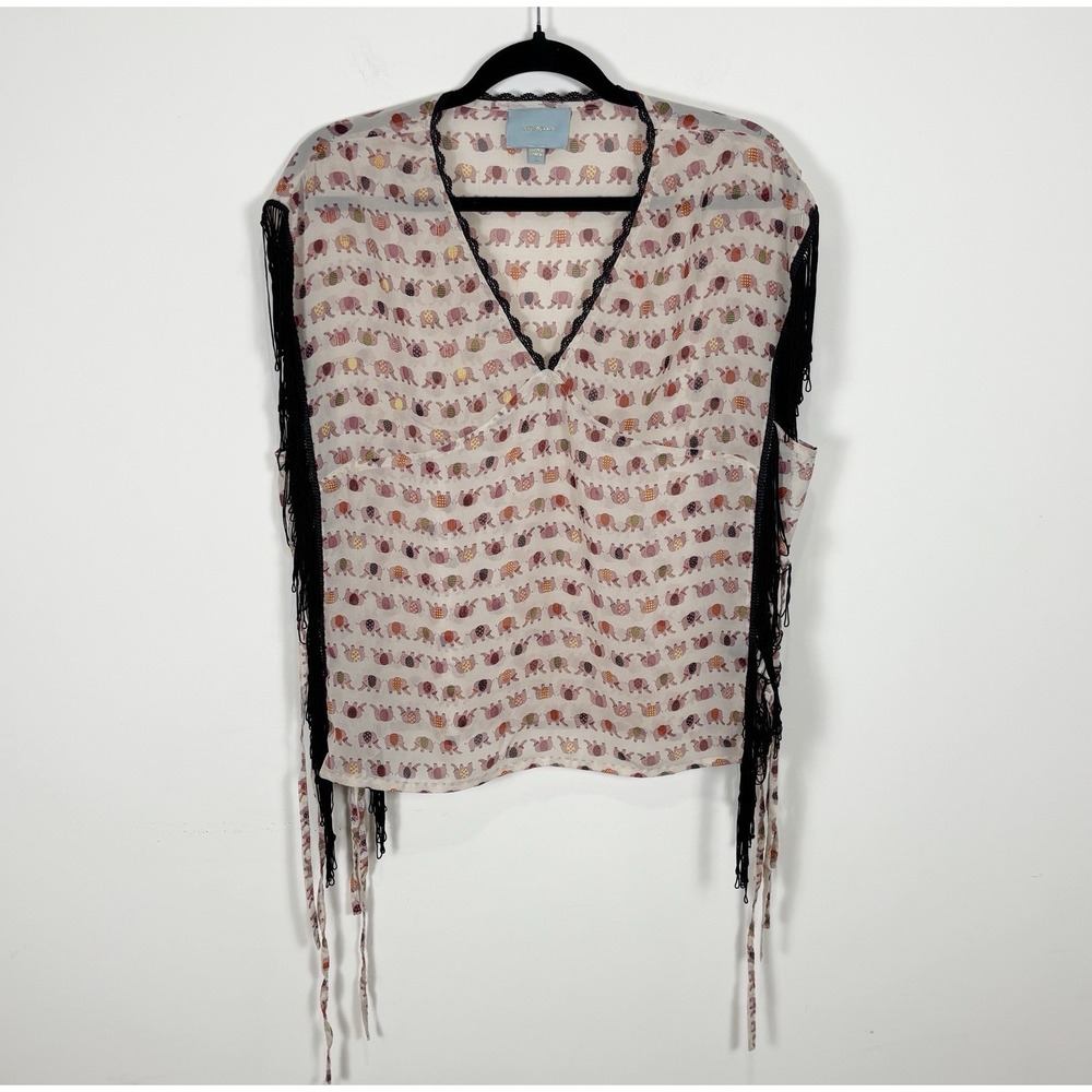 Skies Are Blue Elephant Fringe Women's Blouse Top, Boho, Large